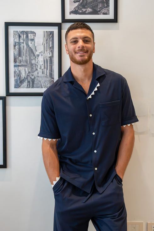 Men Summer Pajama Set Navy Shark Buttoned Tee + Pants